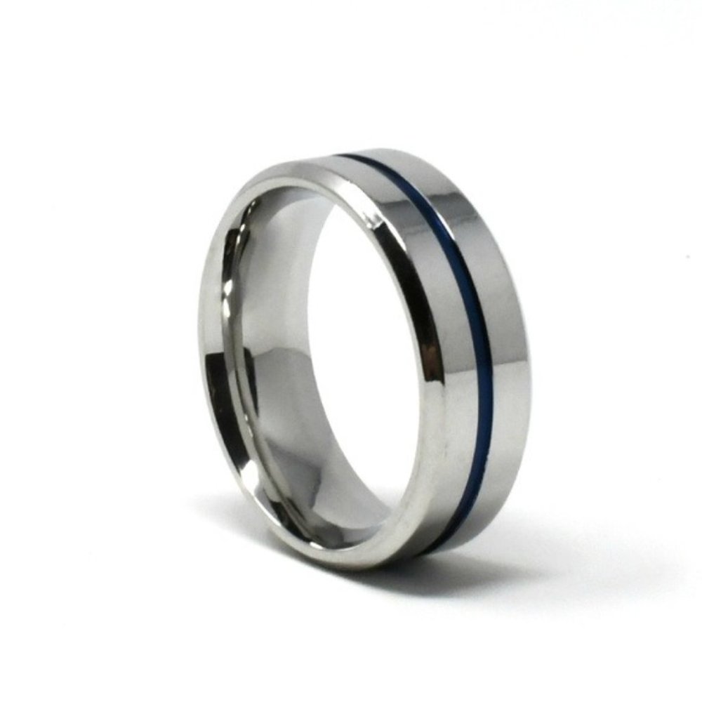 Titanium Silver Blue 8mm Wide Wedding Band